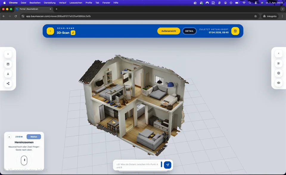 Das BaumaPortal zeigt ein 3D-Haus-Modell im Browser mit Werkzeugen zum Messen und Teilen.
