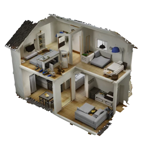 Dreidimensionales Haus-Modell mit sichtbaren Räumen und zwei Geschossen.