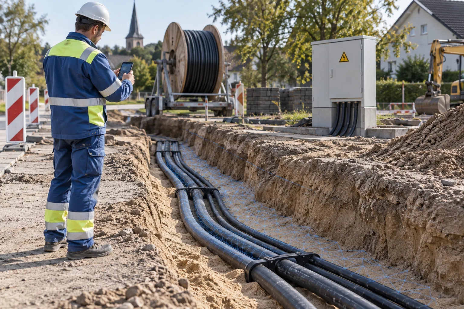 A specialist documents exposed underground cables before backfilling.