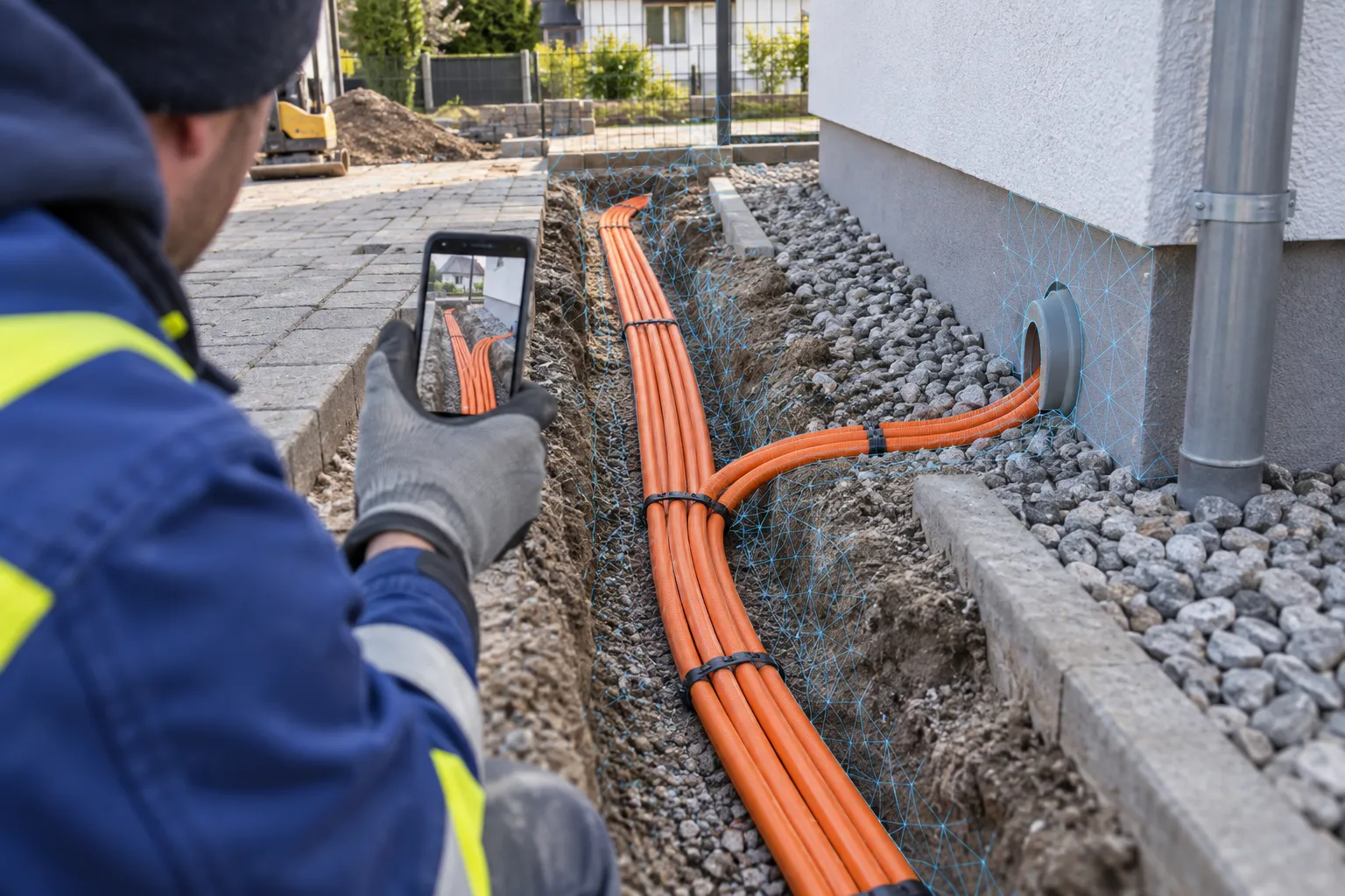 Orange fiber optic ducts at a building connection are captured in the open trench.