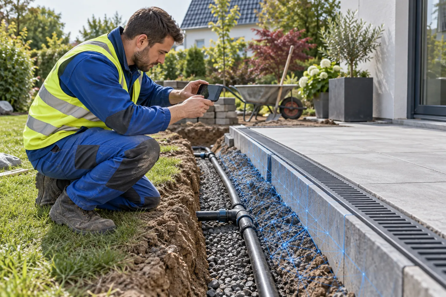 A landscaper documents an open irrigation line and drainage next to a patio.
