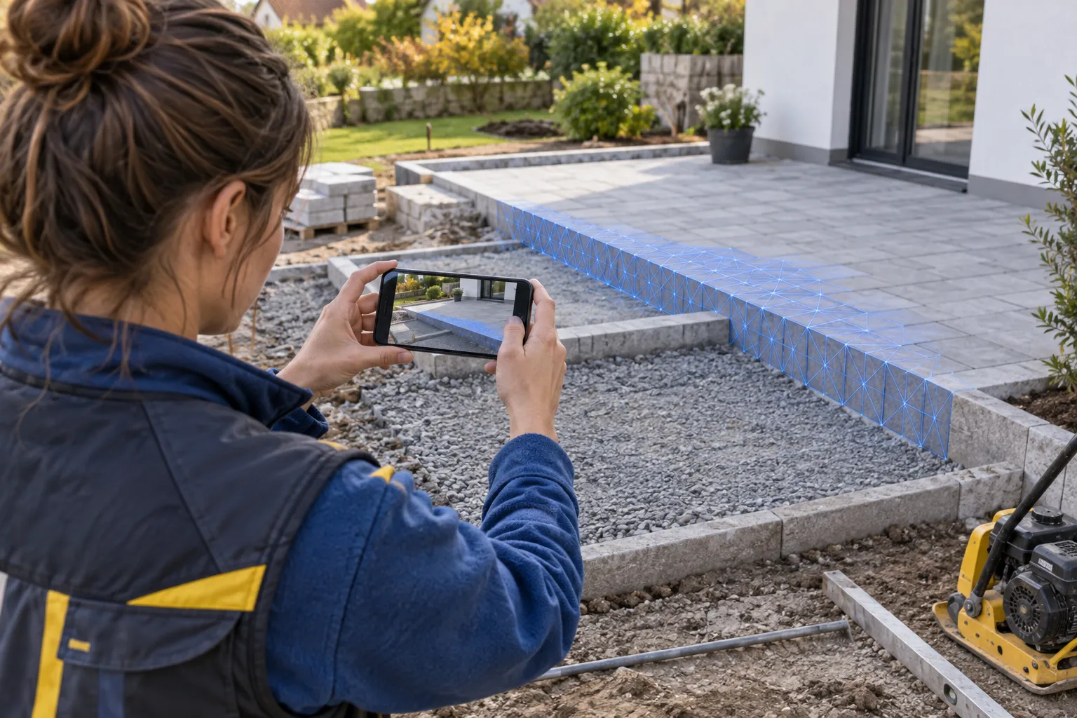 A specialist records a partially paved terrace with edging and steps using a smartphone.