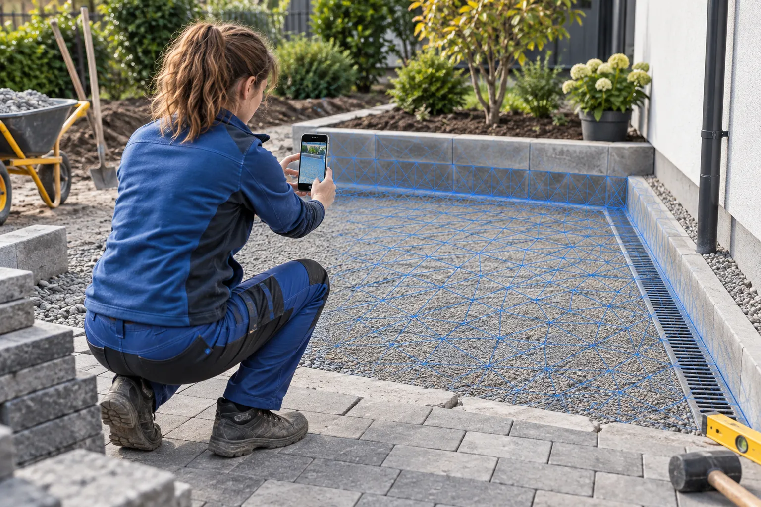A landscape gardener uses her smartphone to record a prepared paved area with edging and drainage.