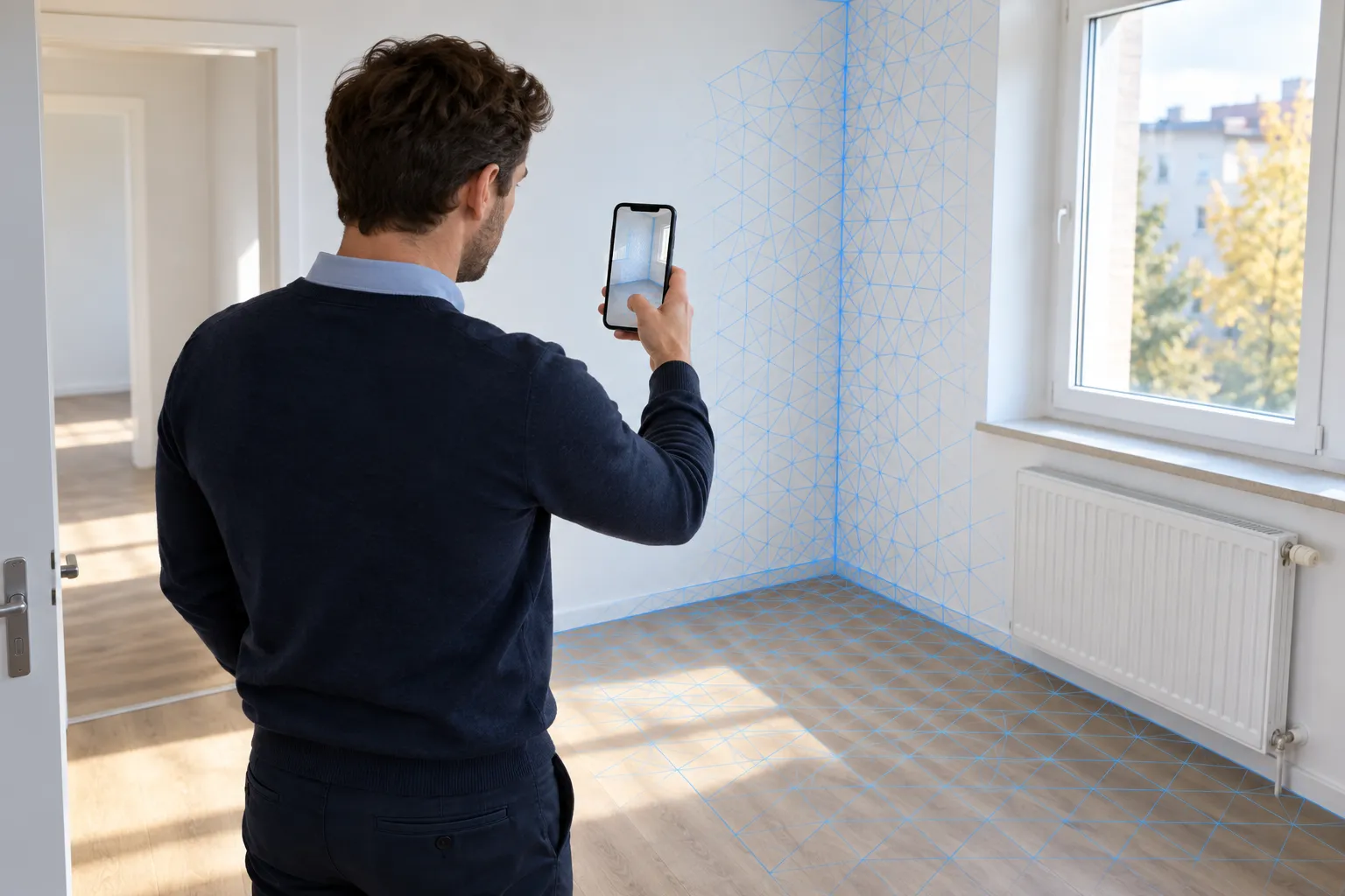 A person from property management scans an empty room with his smartphone when handing over an apartment.