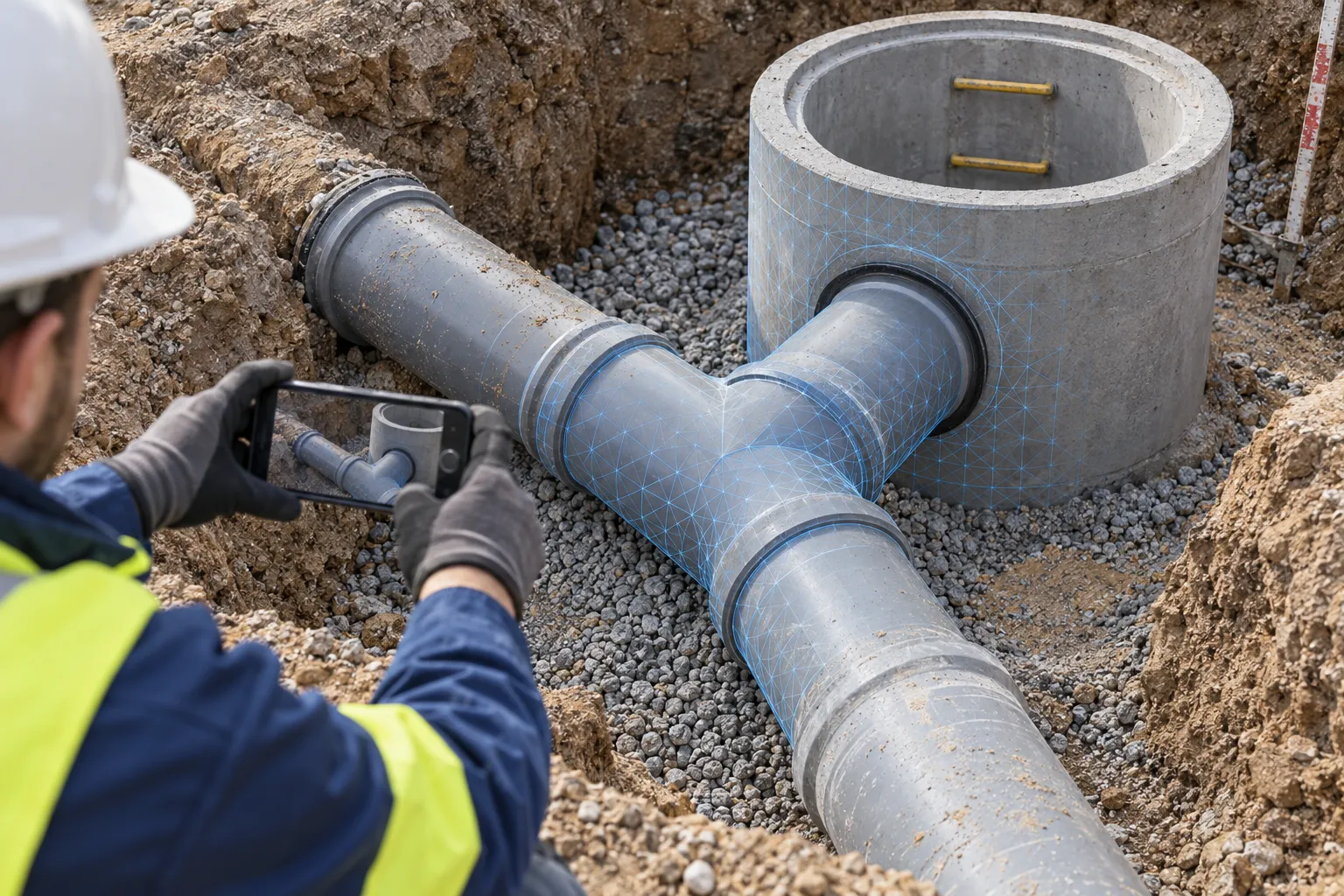 Before backfilling: a visible pipe connection, inspection chamber and surrounding excavation.