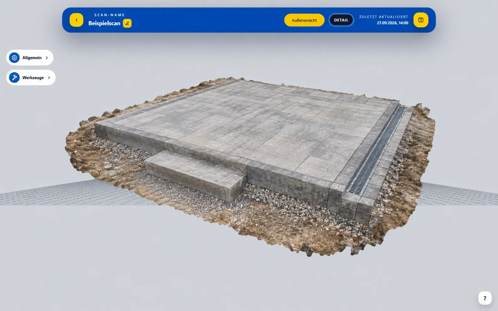 Current BaumaPortal interface with an exemplary 3D model of a terrace with edging and drainage.