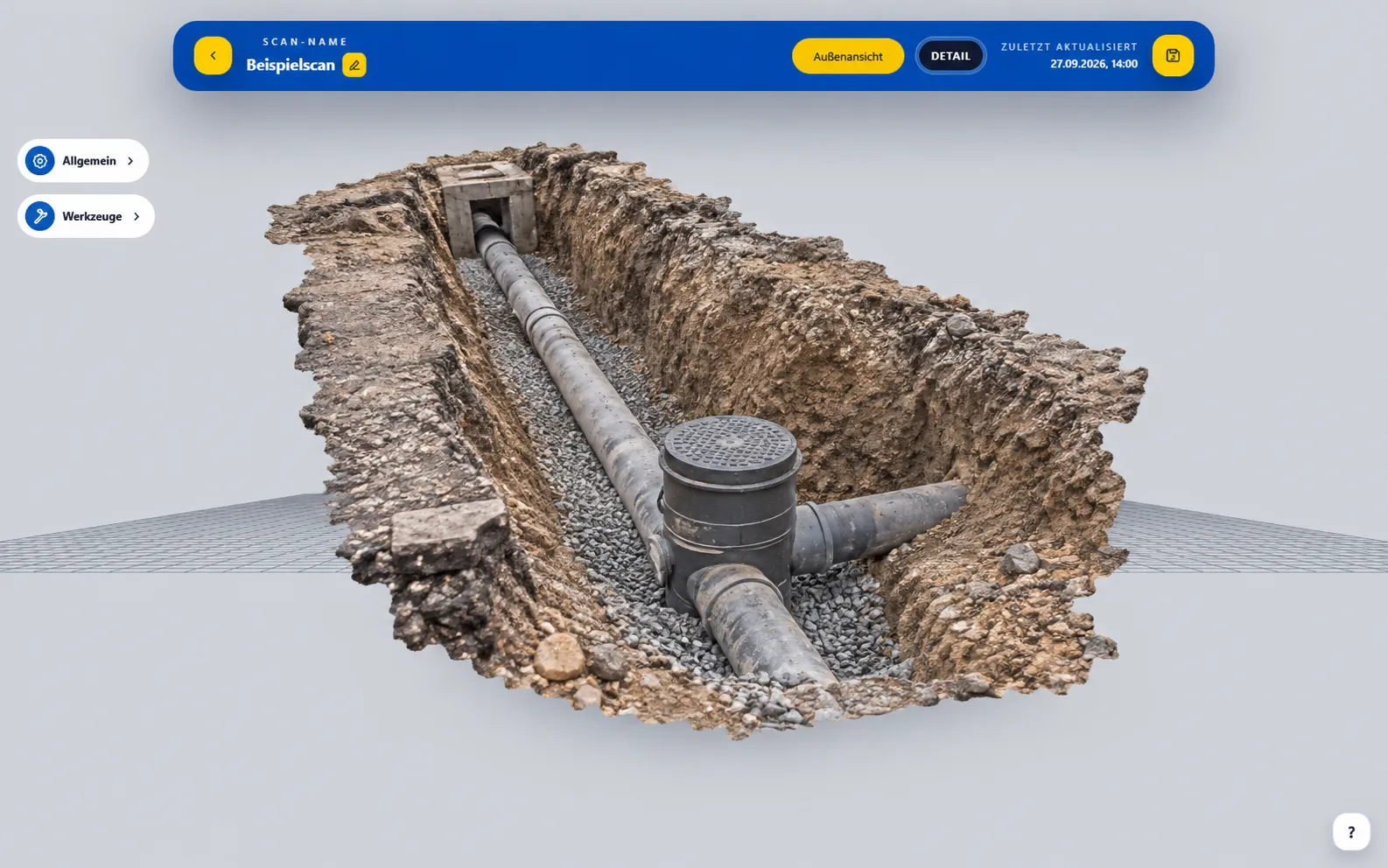 BaumaPortal interface with an example of a pipe trench visualized as a 3D model.