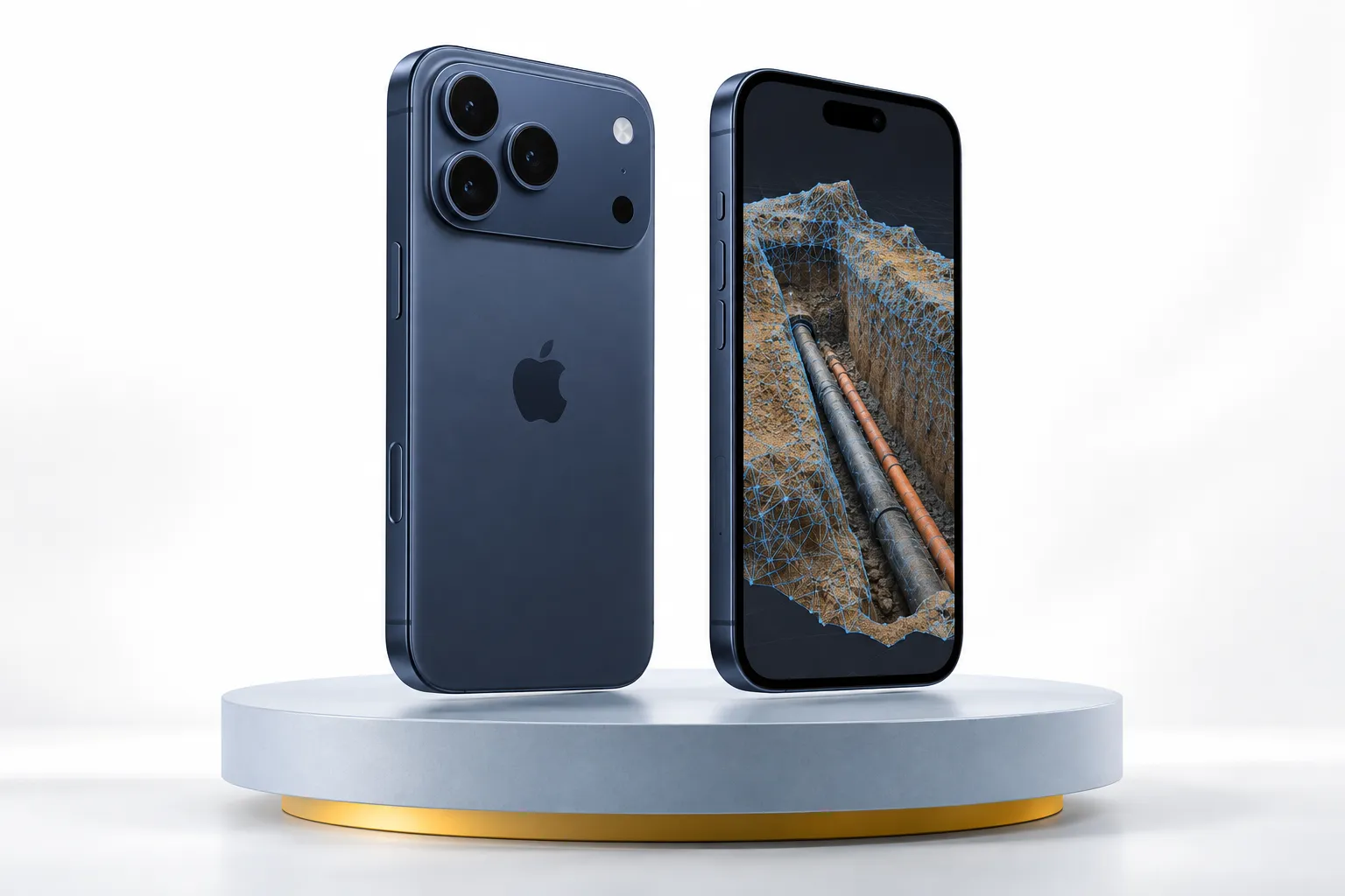 Produktvisualisierung des iPhone 17 Pro in Tiefblau mit einem beispielhaften Baustellen-Scan auf dem Display
