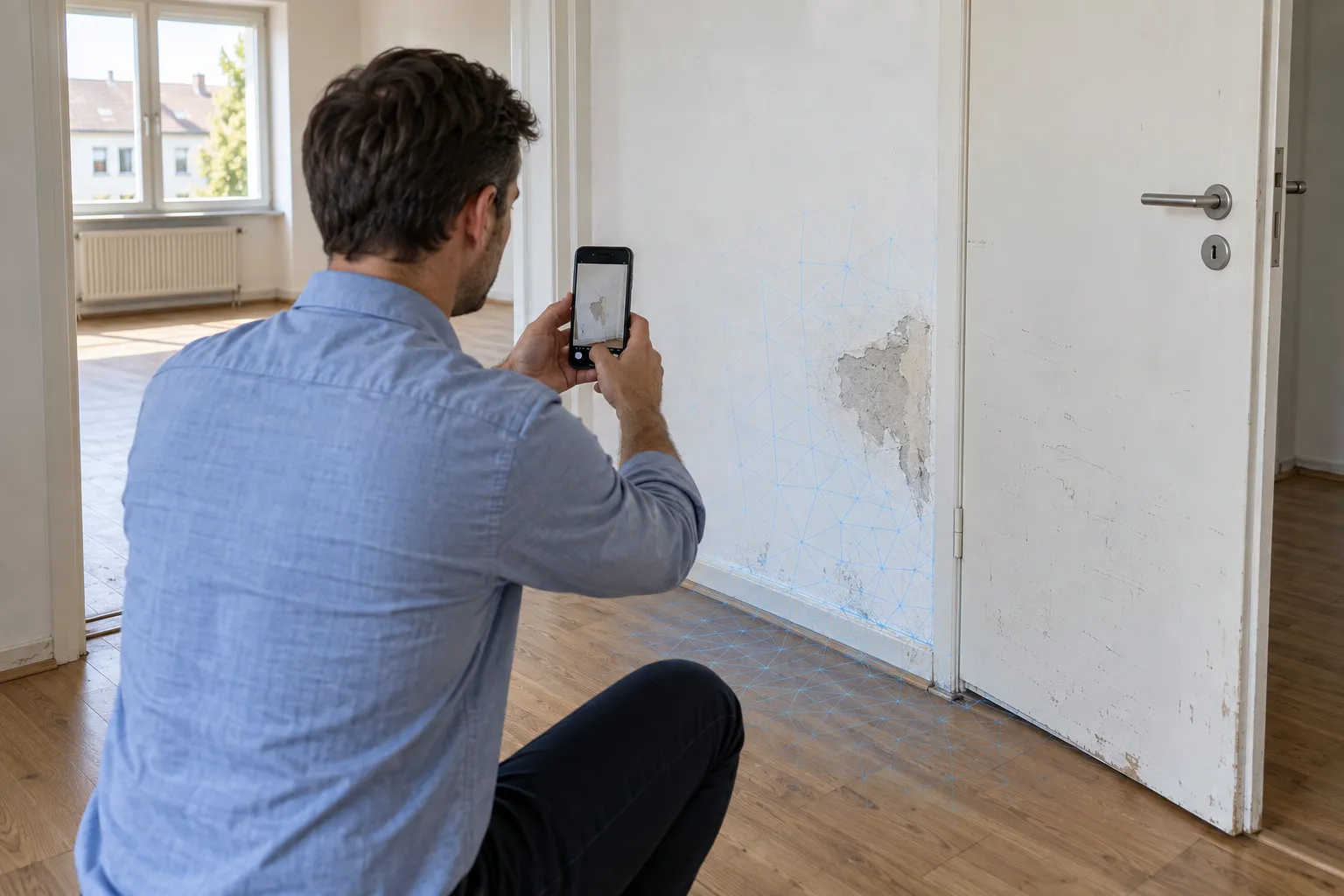 A property manager documents visible signs of wear on a wall in an empty apartment.
