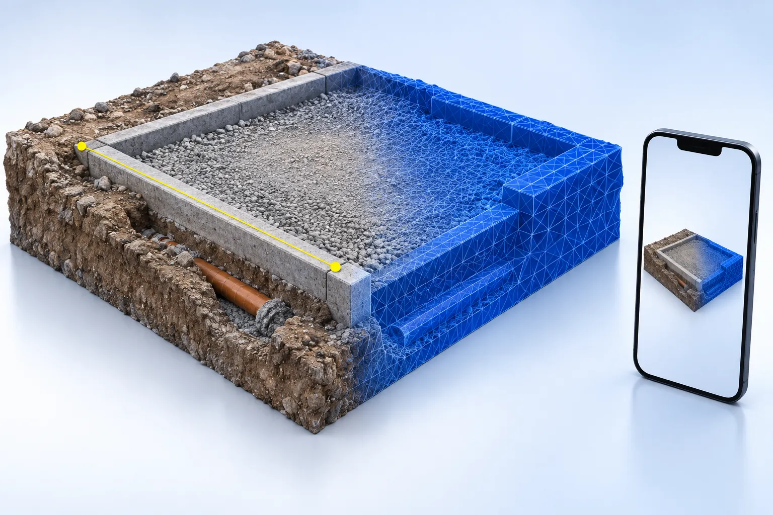 Illustration of a scanned construction site area: real surfaces merge into a blue 3D mesh; a line marks a measurable edge.