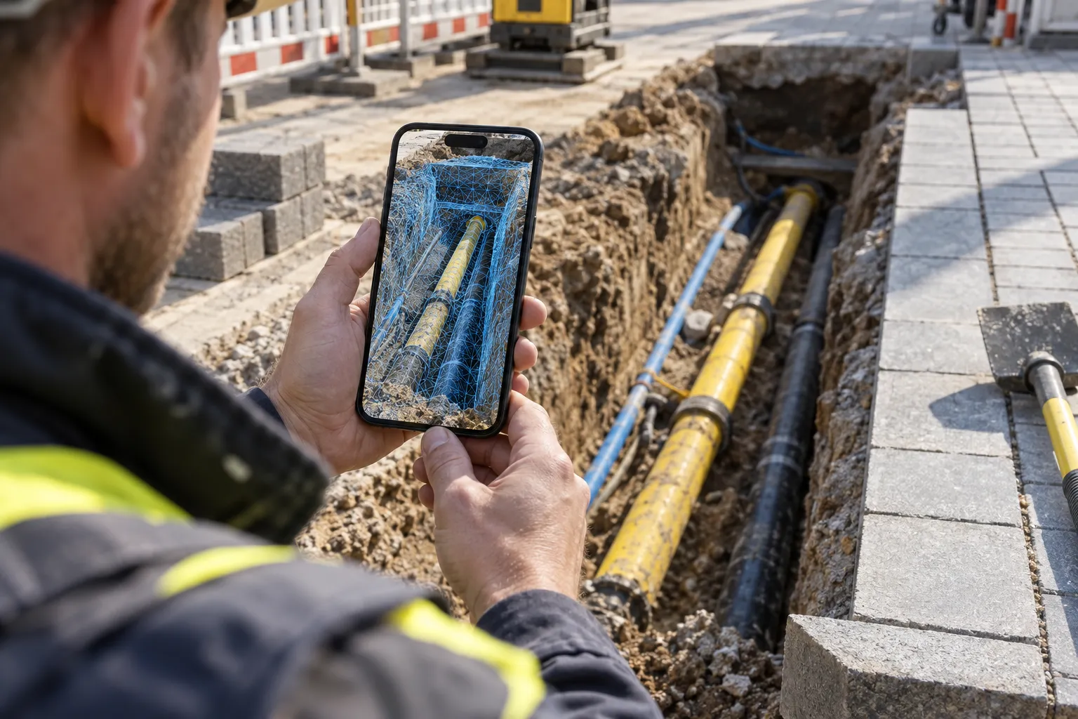 Fachkraft erfasst einen offenen Leitungsgraben mit dem Smartphone; ein blaues Netz veranschaulicht den digitalen Scan