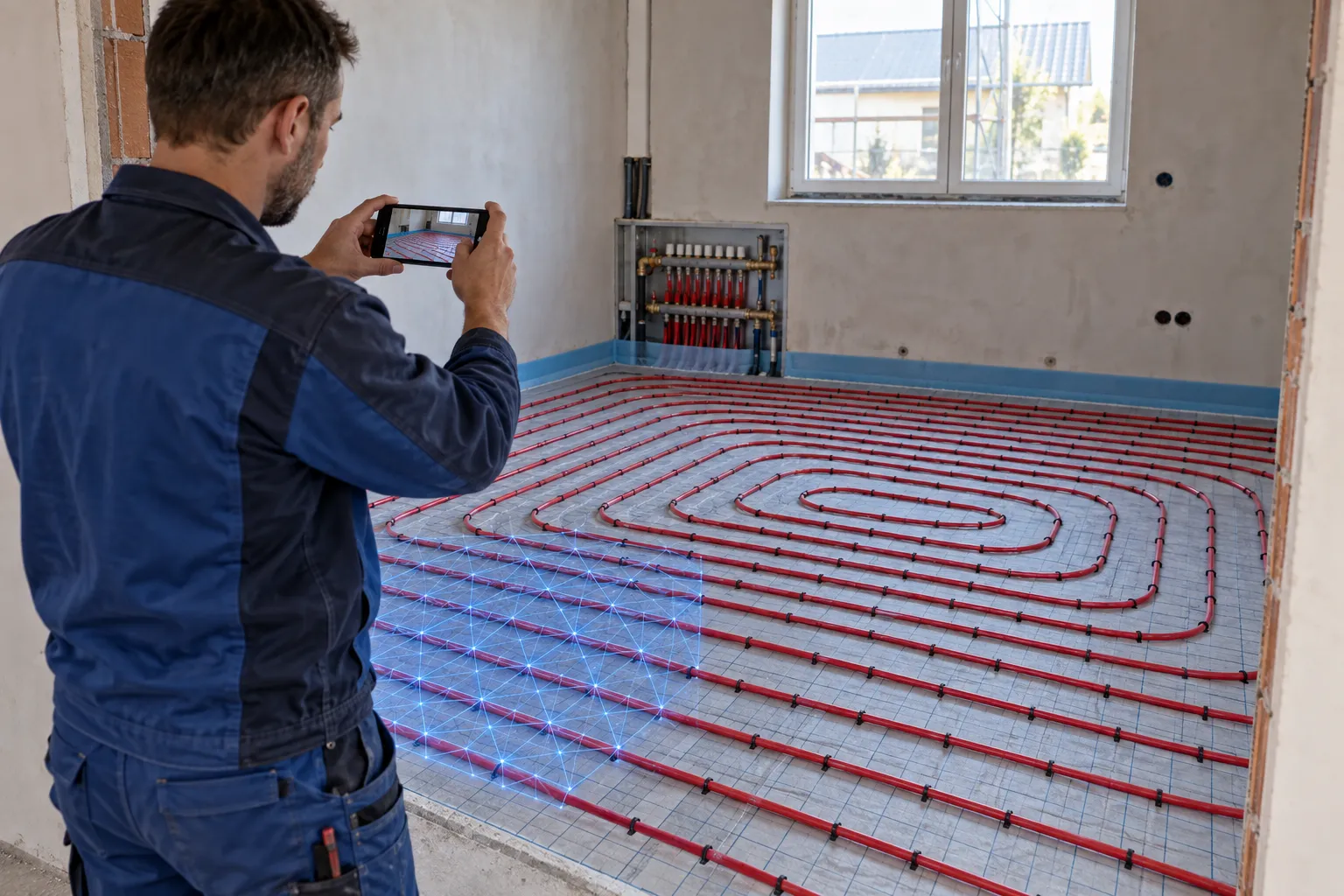 A heating installer documents exposed underfloor heating pipes before the screed is poured.