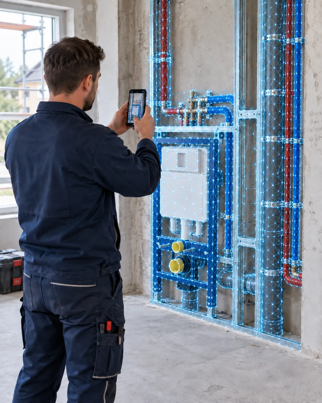 A tradesperson uses a smartphone to document exposed pipes and connections before a wall is closed up.