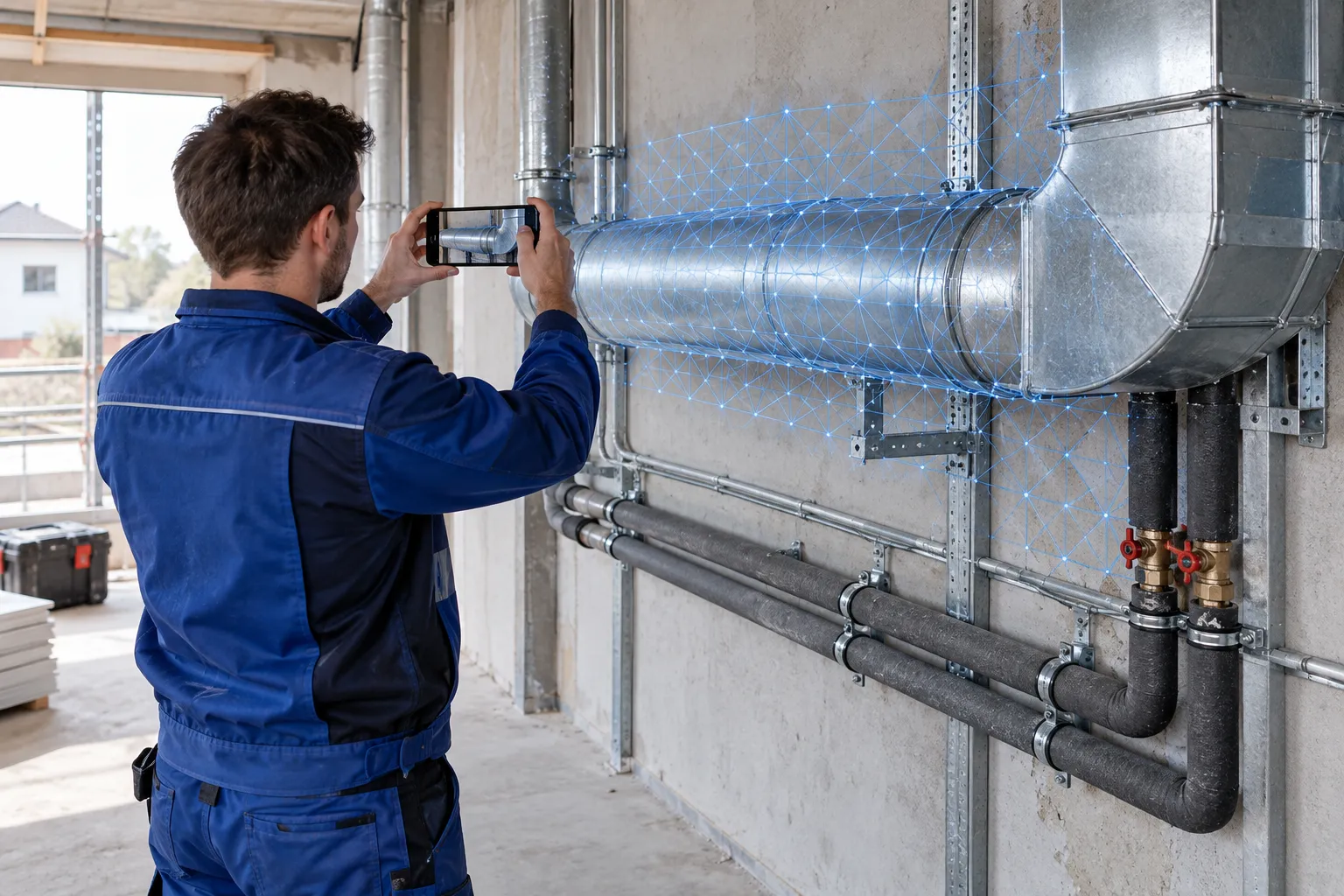 A specialist uses a smartphone to capture a visible ventilation duct and pipes before they are covered.