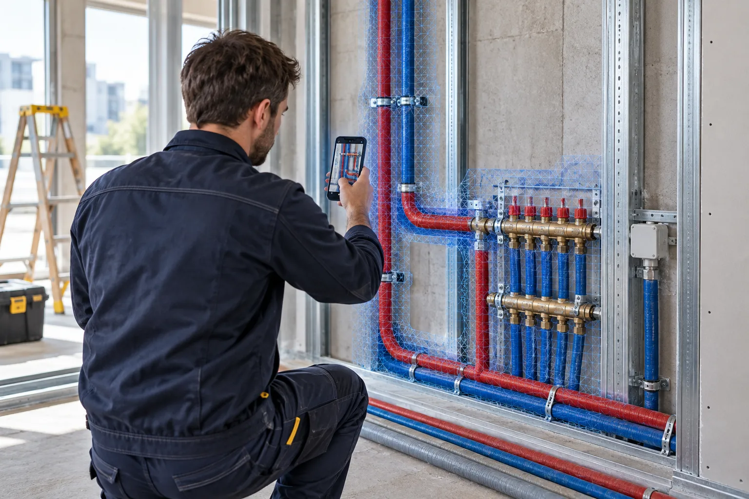 A tradesperson scans exposed installations and pipes before a wall is closed up.