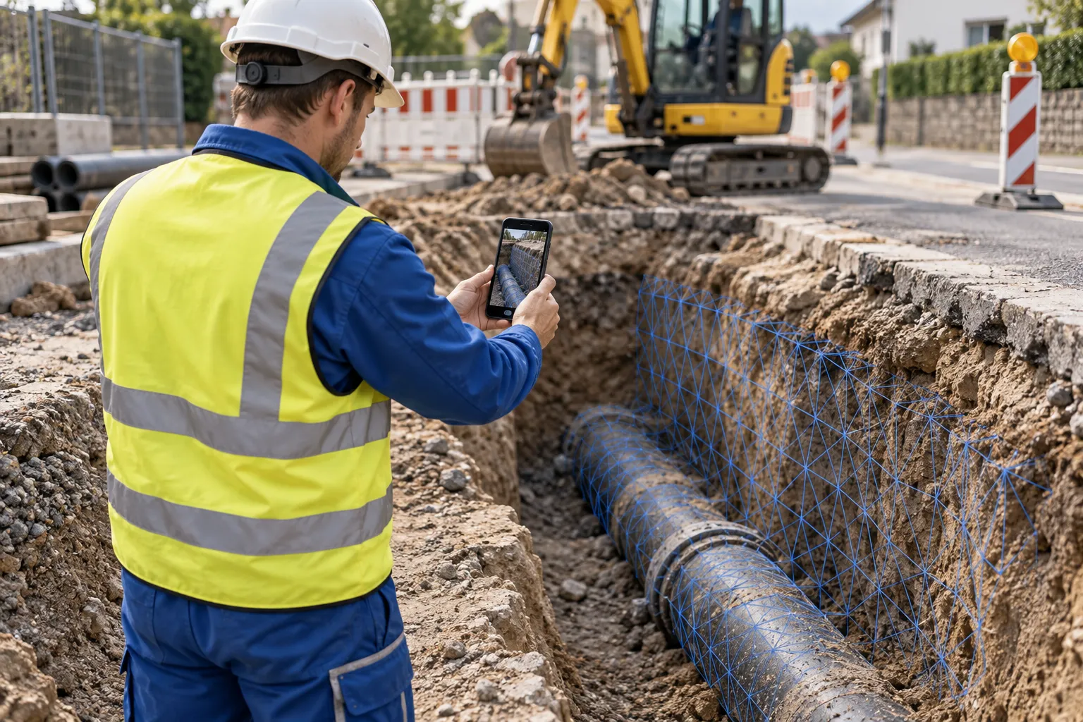 A specialist scans an open trench with a smartphone. A blue network illustrates the detected surfaces.